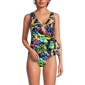 Land's End One Piece Swimsuit soft side tie wrap navy prism pink multi palm Var